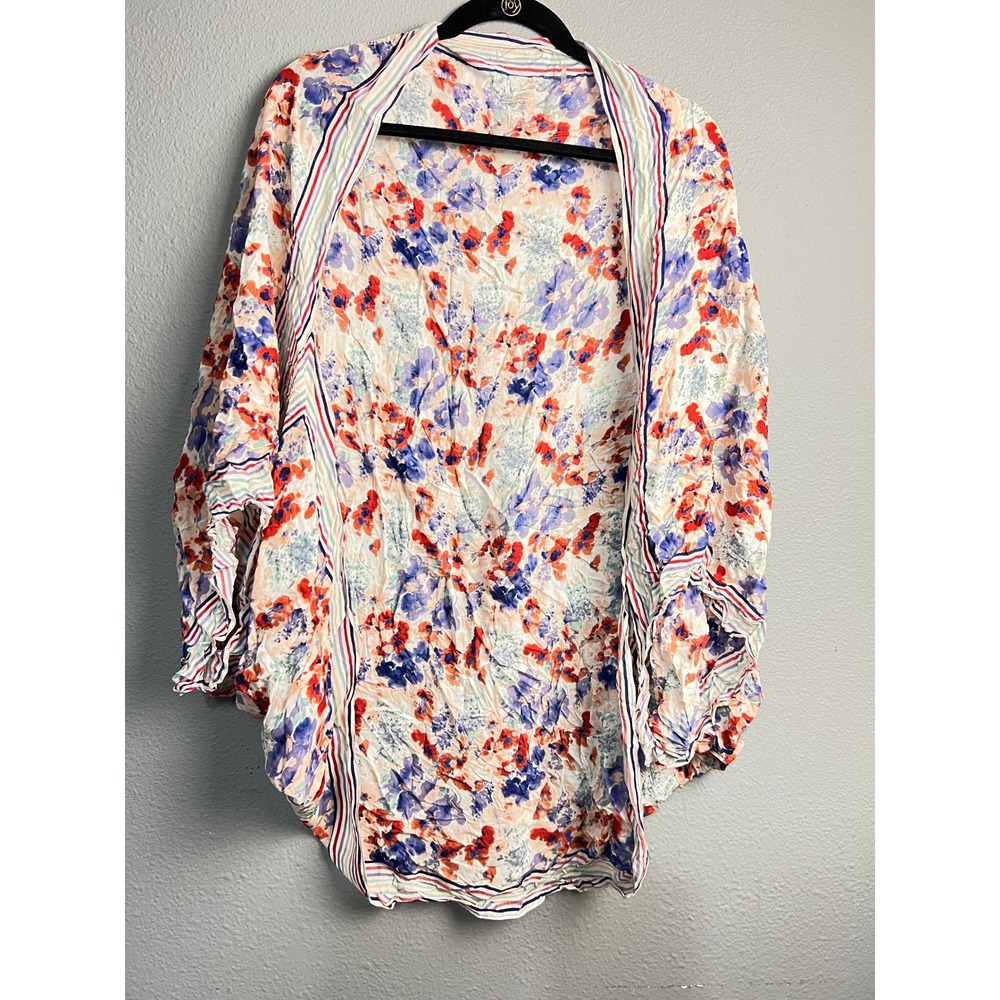 Merona Floral Kimono Cardigan One Size Multicolor Striped Trim Rayon Wrap OS